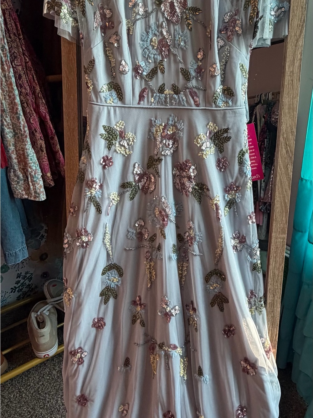 Adrianna Papell Light Blue Beaded Floral Maxi Gown - Picture 2 of 4